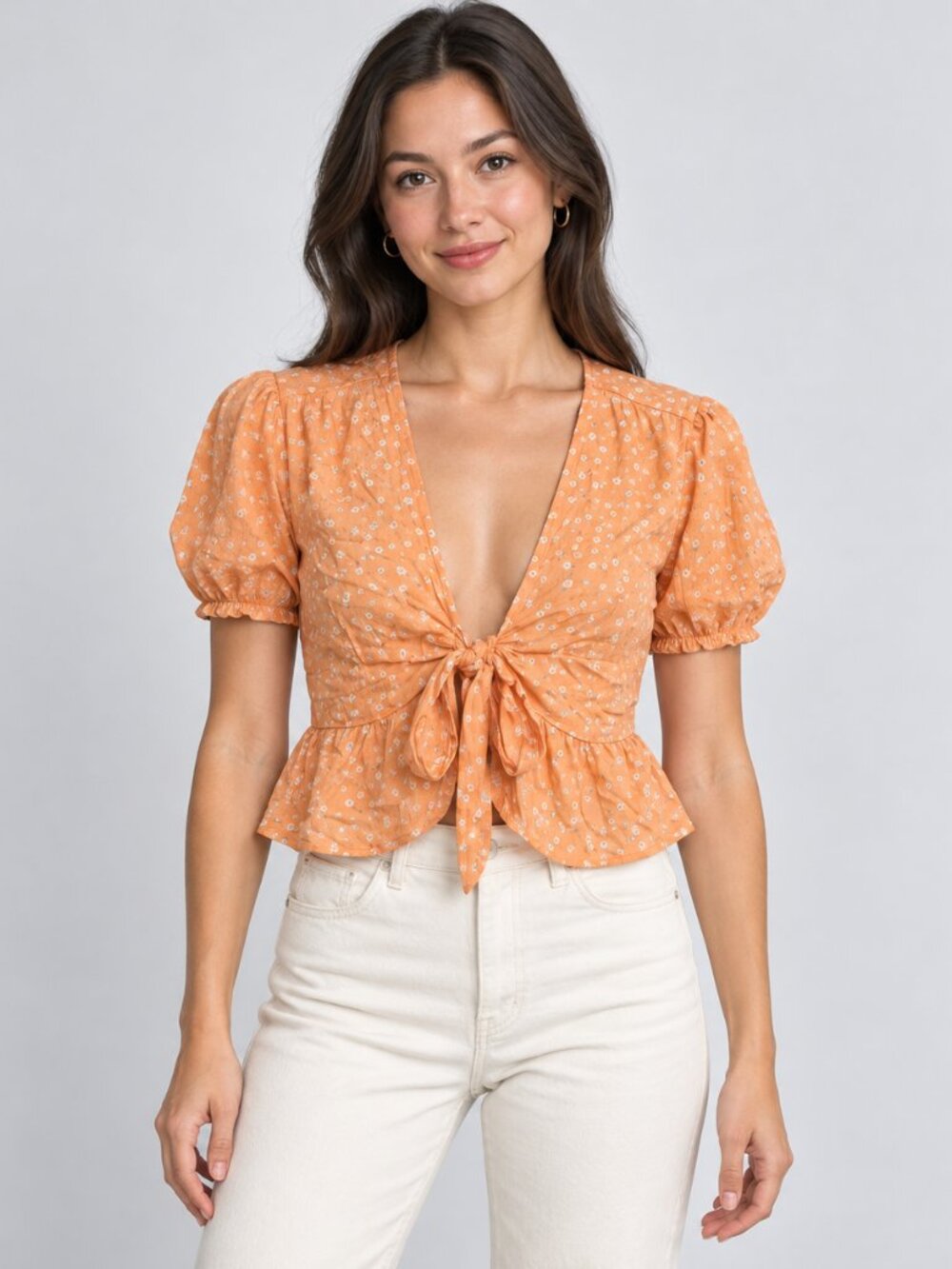 PacSun Orange Floral Tie-Front Blouse‎